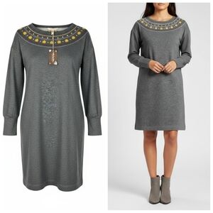 Matilda Jane Grey Knit Sweatshirt Dress 3/4 Sleeve Yellow Embroidery Size XS NEW